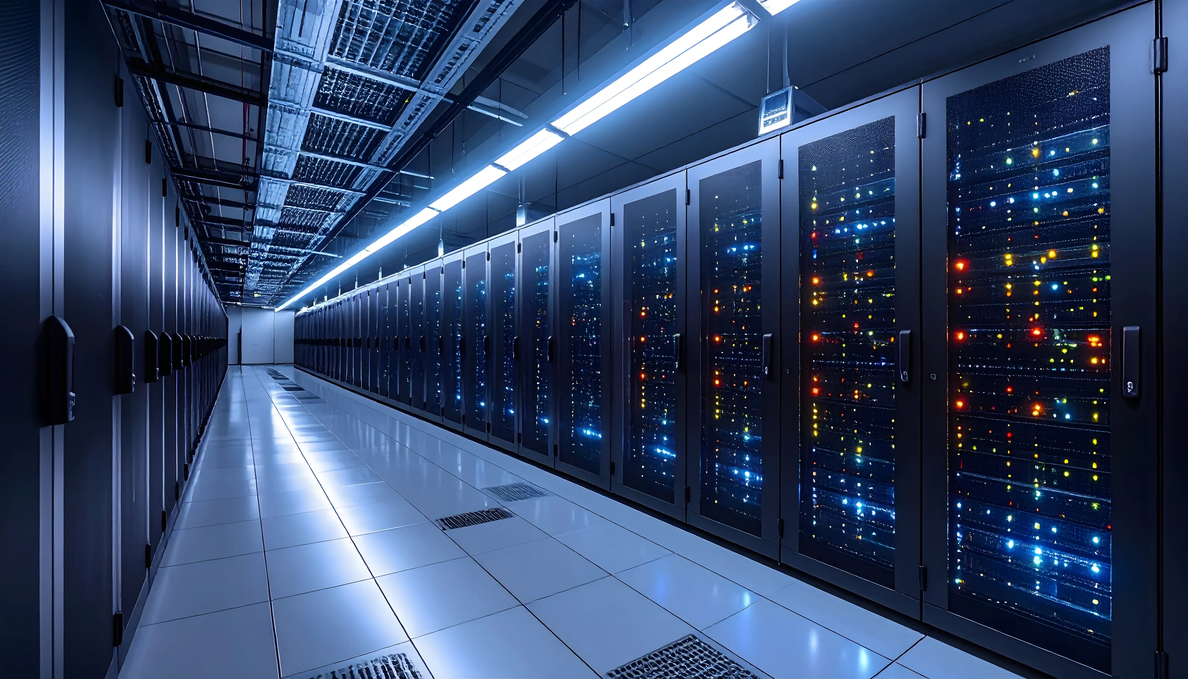 Data center with server racks and cooling systems