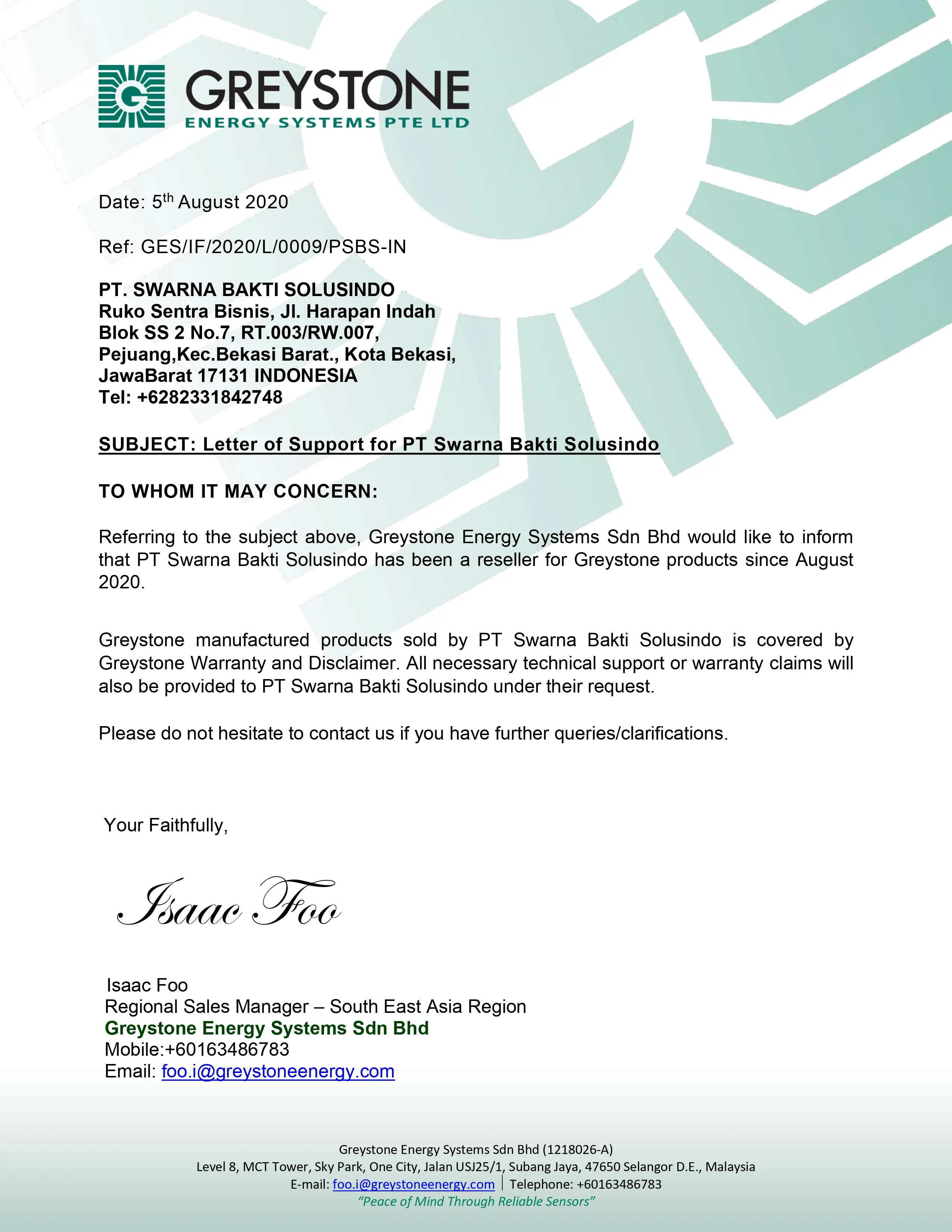 Letter of Appointment Greystone Energy Systems Logo