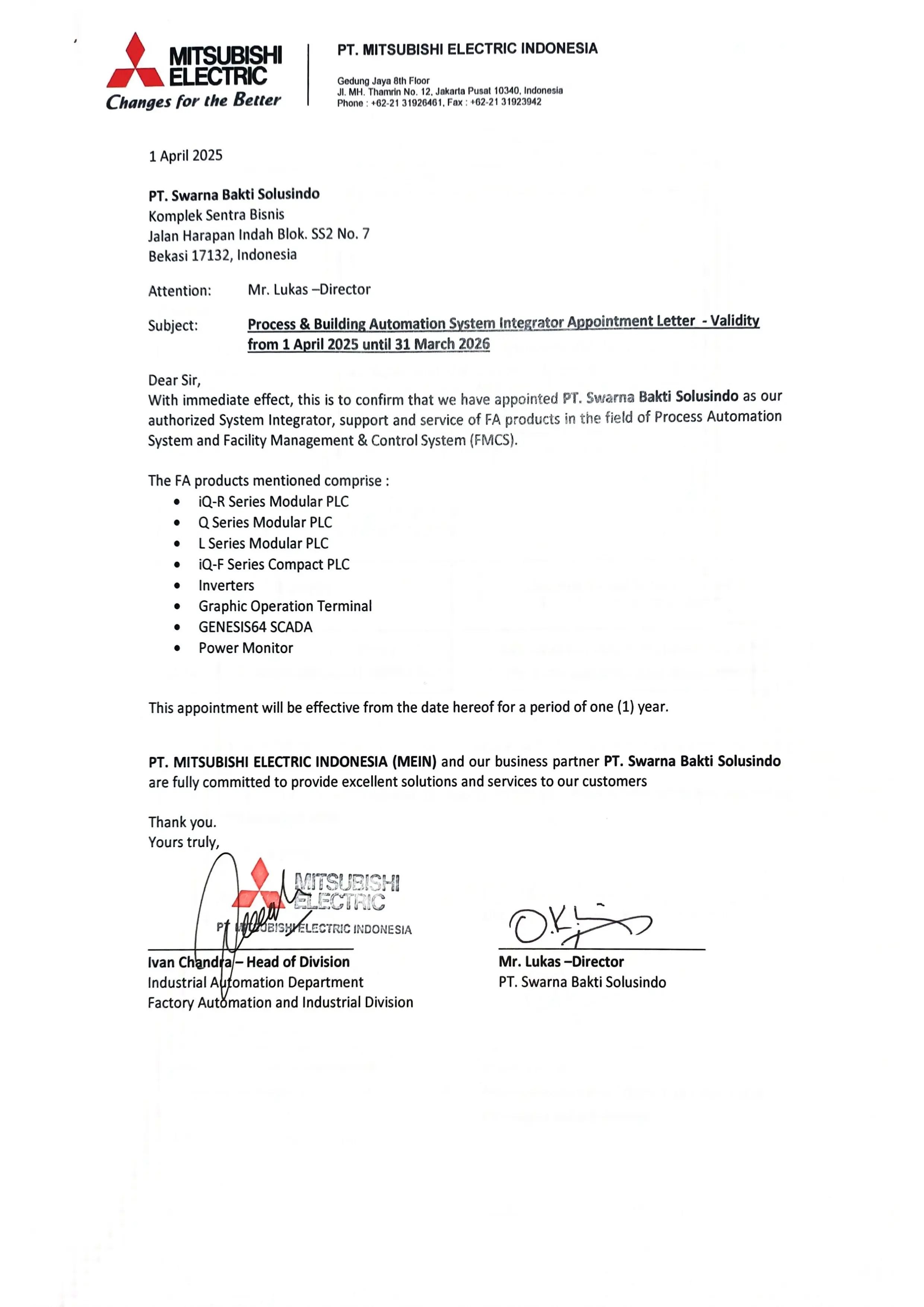 Letter of Appointment Mitsubishi Electric Logo